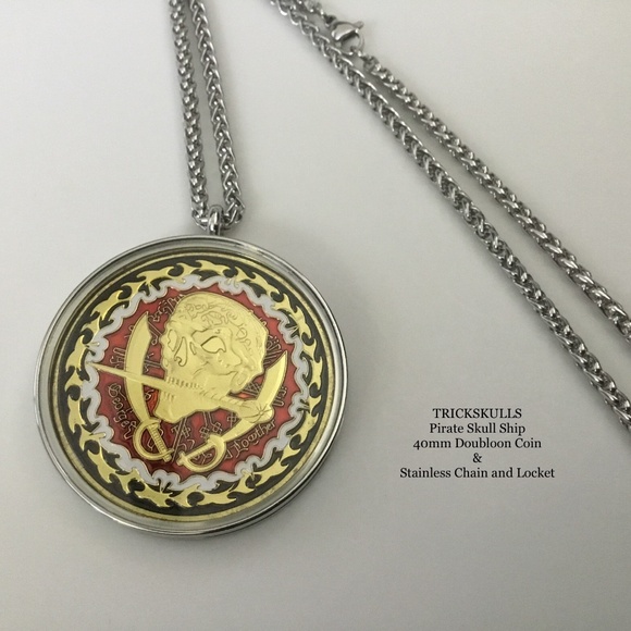 Pirate Skull Ship Enamel Doubloon Coin in Glass Locket & Custom Wheat Link Chain - Picture 3 of 10